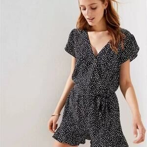 LOFT Black & White Polka Dot Ruffle Belted Wrap Romper